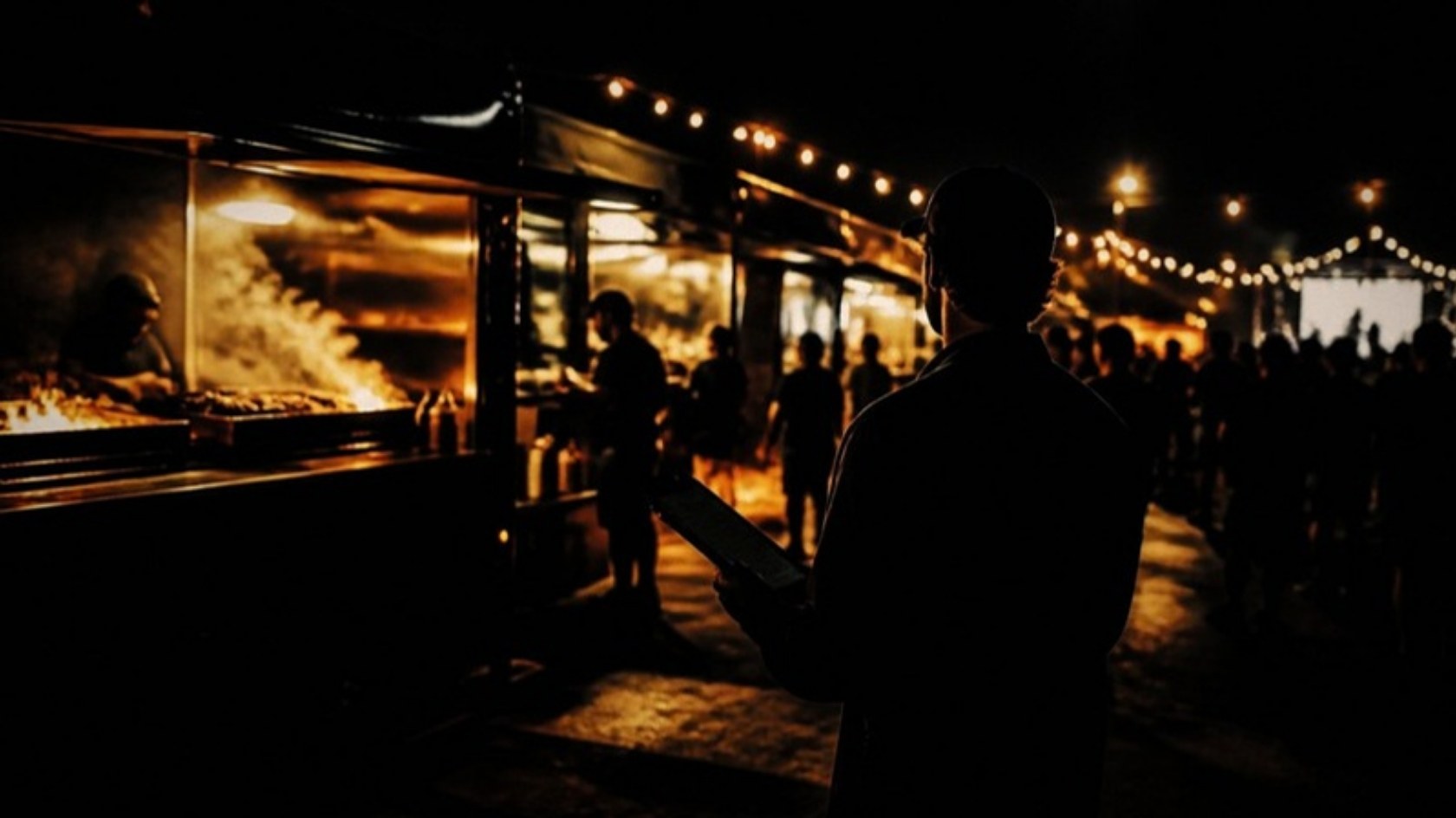An organizer with a tablet walks a row of food trucks at night
